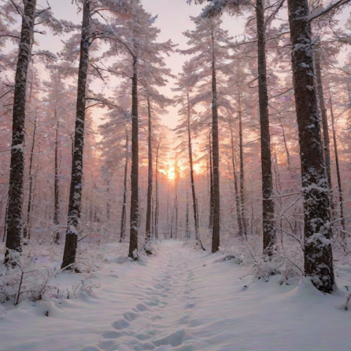 Sharp, high-resolution image of a snowy forest at dawn, soft pink and orange hues painting the sky, tall trees covered in a blanket of snow, soft shadows cast on the ground from the rising sun, the air crisp and cold, a peaceful stillness filling the scene.