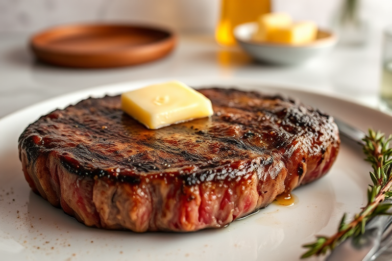 Create an image of a perfectly seared ribeye steak, resting on a white plate with a pat of melting butter on top. The steak is seasoned with fresh herbs like thyme and parsley, with glistening juices highlighting the texture of the meat. The background features a soft focus on a light, marble countertop, with a small dish of butter and an olive oil bottle in the distance. The overall mood should be warm and inviting, capturing the deliciousness and juiciness of the steak.