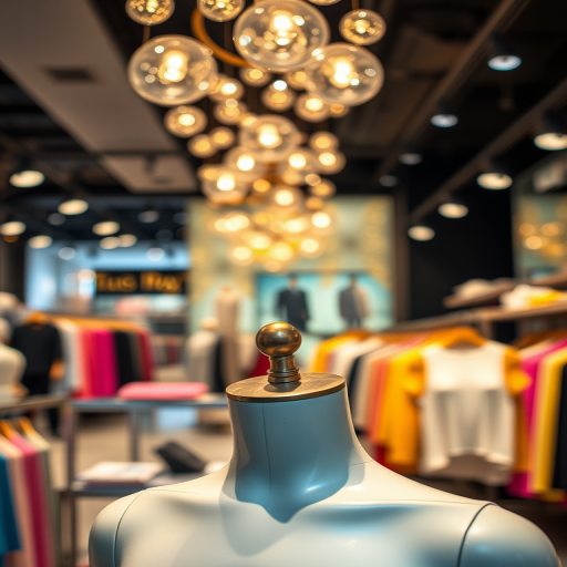 A modern clothing store interior with stylish displays and soft bokeh lighting, captured with a Canon EOS R, 50mm f/1.2 lens, aperture at f/2.8, ISO 200, shutter speed 1/125 sec, focusing on a mannequin in the foreground with vibrant colors and a shallow depth of field.