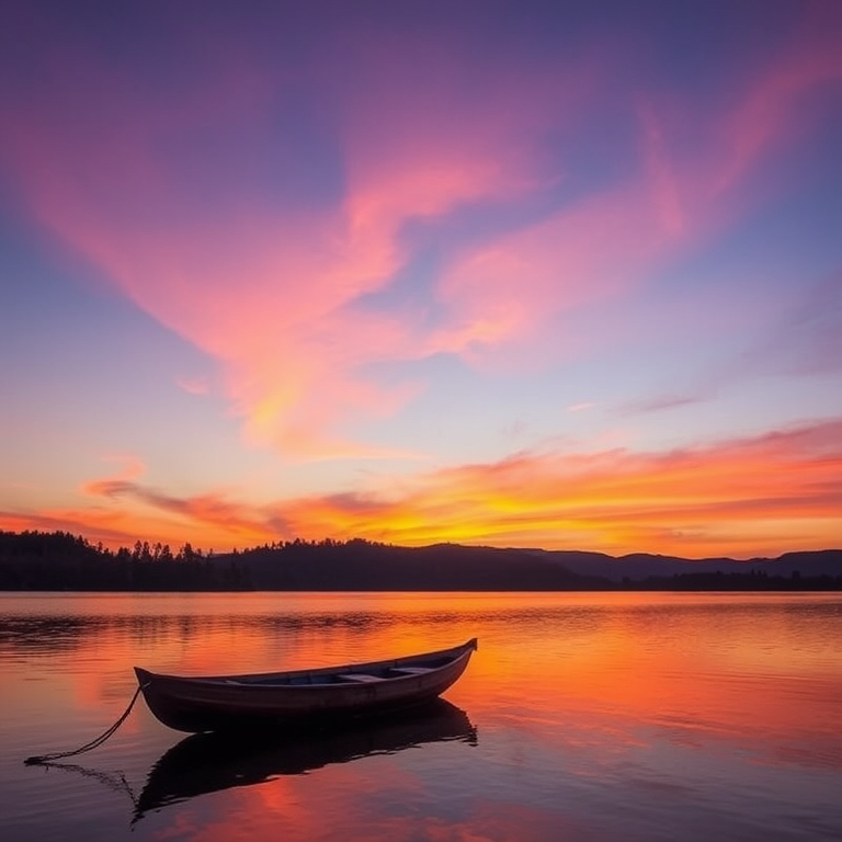 Capture a serene sunset over a calm lake with a single wooden boat in the foreground, enhancing the vibrant orange and purple hues in the sky, using a DSLR camera at f/8 aperture, ISO 200, 1/250 sec shutter speed, with a wide-angle lens, shot during the golden hour for soft lighting and rich colors.
