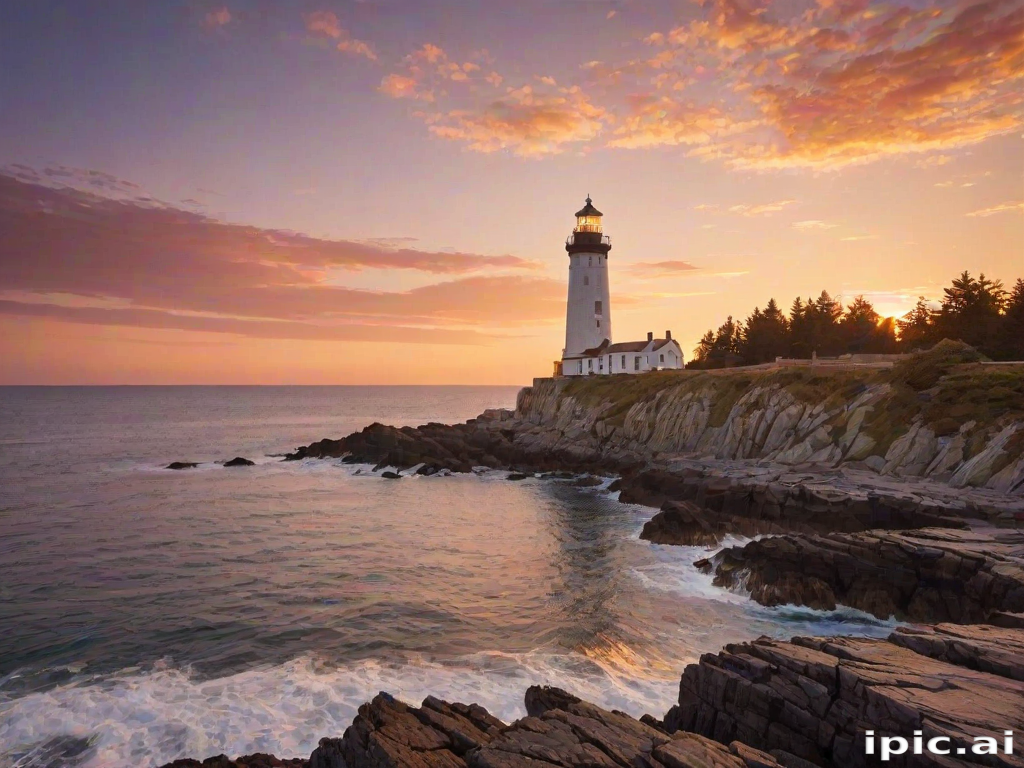 Generate an image of a tall lighthouse perched on a rocky outcrop surrounded by calm ocean waters during a breathtaking sunset. The lighthouse stands sturdy and weathered, its stone surface illuminated by the warm golden light of the setting sun. The sun's rays pass directly through the glass lantern room at the top of the lighthouse, casting a brilliant light across the scene. The sky is painted with vibrant shades of orange, pink, and purple, reflecting off the tranquil sea. The surrounding water shimmers with the same warm hues, creating a serene and majestic atmosphere.