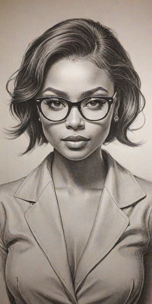 Charming Kat Graham, pencil sketch, portrait of Ravishing woman 1948s in glasses, hair style beatnik, outline, clear lines, fine lines, 8k