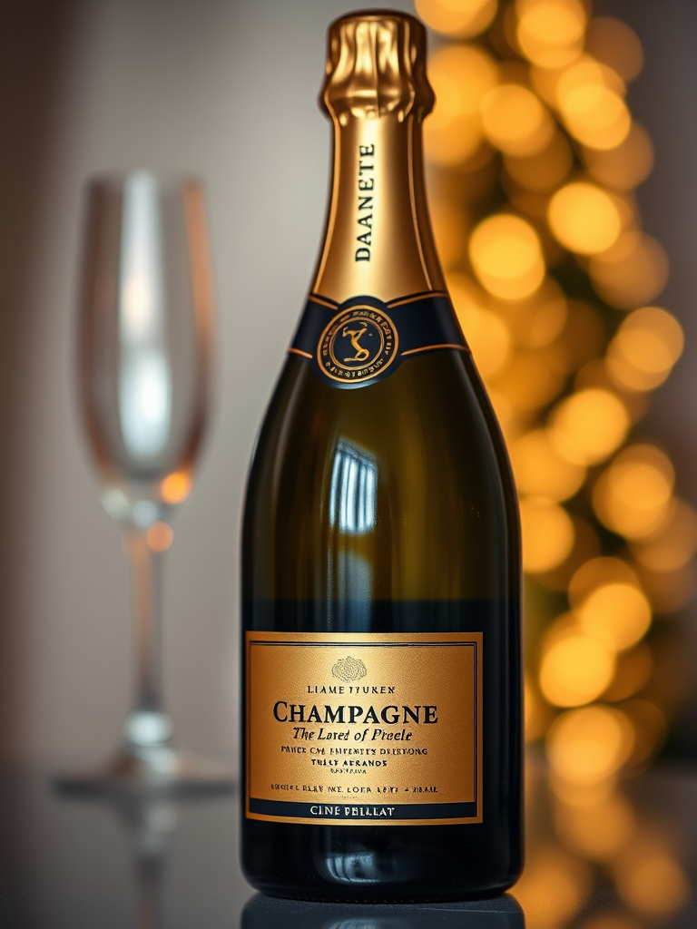 Create a high-resolution image of a bottle of Champagne with a pure gold label, set against a softly blurred background, using a DSLR camera at f/2.8 aperture, ISO 100, 50mm lens, soft lighting for an elegant effect.