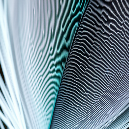 Create a high-resolution image of a stylized feather with turquoise and gray colors, using a Canon EOS R5, 50mm lens, f/1.8 aperture, ISO 100, shot in natural light for enhanced detail and vivid colors.
