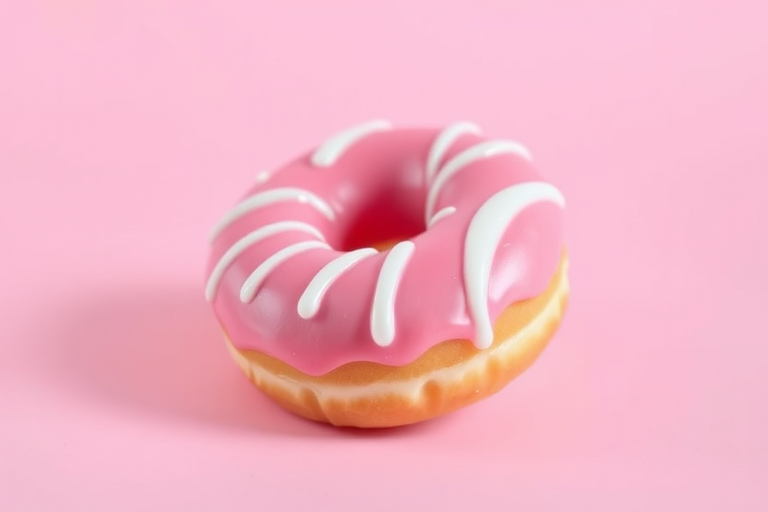 Create a high-resolution digital illustration of a pink frosted donut with white icing drizzles, using a soft studio light setup, shot with a 50mm lens at f/2.8 to create a shallow depth of field, in a clean pastel background.