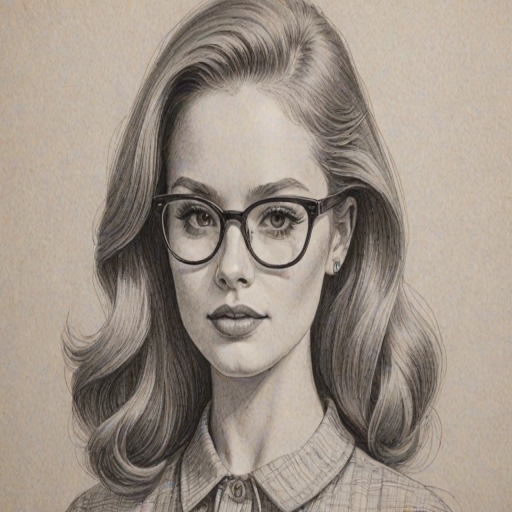 Bewitching Madelaine Petsch, pencil sketch, portrait of Lovely woman 1960s in glasses, hair style beatnik, outline, clear lines, fine lines, 8k