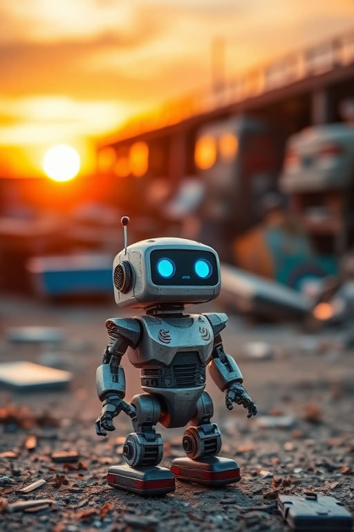 Create an image of a small robot in a junkyard during sunset, emphasizing vibrant colors and a rich background texture, using a DSLR camera with a 50mm lens, aperture set to f/1.8, ISO 100, shot from a low angle to capture depth, high dynamic range for enhanced detail and contrast.