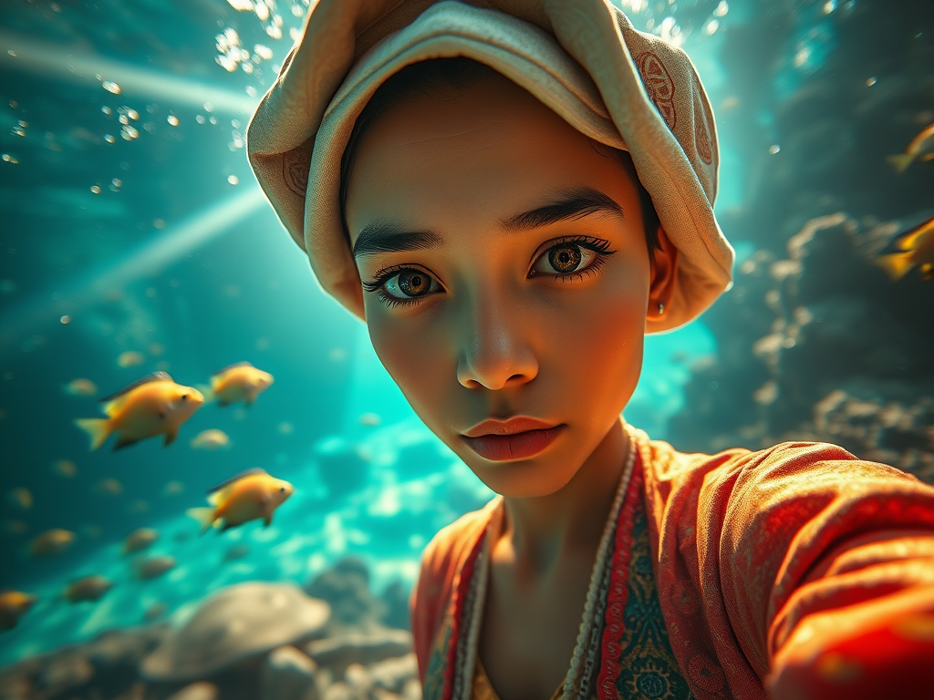 Realistic selfie image of a Burmese, wearing a vintage outfit, detailed dreamy eyes, droopy hooded eyes, staring at the camera, taken underwater at coral reef with a sunbeam filtering through the water, vibrant, summer vacation, natural lighting, turtle and school of tropical fish with vibrant colors, rendered in the style of CryEngine, Pegi Nicol MacLeod, with realistic genre scenes, hauntingly beautiful narratives, ultra-realism, and Thomas Saliot's close-up technique, 8K resolution, crystal clear and sparkling water.