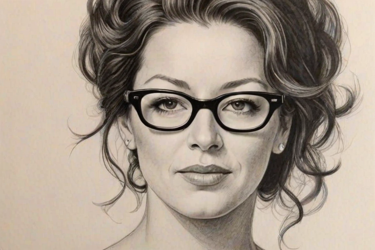 Enchanting Sarah McLachlan, pencil sketch, portrait of Stunning woman 1958s in glasses, hair style beatnik, outline, clear lines, fine lines, 8k