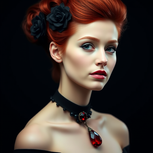 A young woman with bright red hair styled in a voluminous updo adorned with black floral accents, wearing a black choker with a large red gemstone pendant, looks off to the side with a slightly pensive expression, her face softly lit against a dark background.  The image is composed as a portrait, shot from a close-up perspective, with the subject filling most of the frame.  The woman's skin appears fair and flawless, with a subtle glow.  The overall atmosphere is elegant and slightly dramatic.