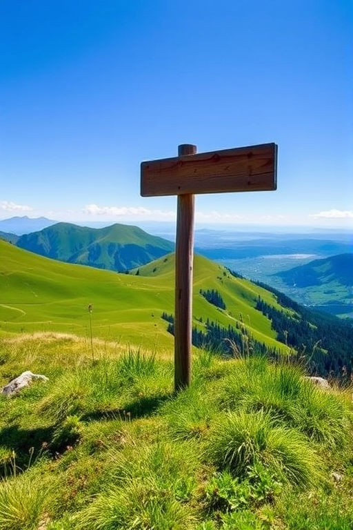 scenic mountain landscape with a wooden signpost surrounded by lush green grass and hills, captured with a DSLR camera, 24mm lens, aperture f/8, shutter speed 1/250s, ISO 100, in bright natural light with a focus on vibrant colors and clear blue skies.