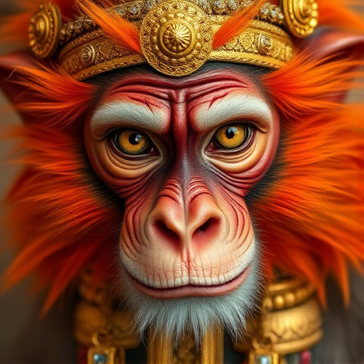 Create a highly detailed portrait of a mythological monkey god character with vibrant orange fur, intricate golden jewelry and accessories, expressive eyes, and a fierce yet noble expression, captured in a close-up shot using a Canon EOS R5 camera, 85mm lens, aperture f/1.4, ISO 200, natural lighting for enhanced depth and contrast.