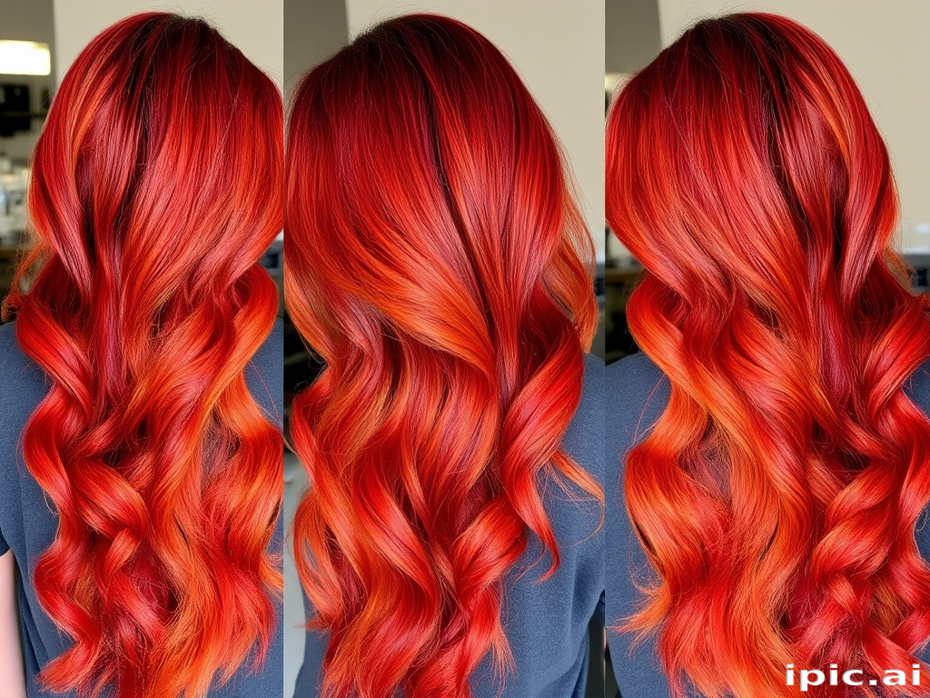 Radiant copper-red mermaid waves flowing past the waist, crafted by Autumn Ember, exhibiting a gradient effect from deep burgundy to bright tangerine, enhanced with subtle rose gold balayage and beachy textures
