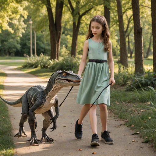 12 year old girl in a dress walking her pet Velociraptor on a leash through a park