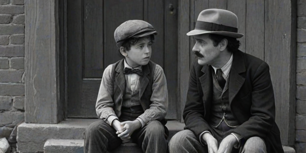 A black-and-white photograph of a man and a child sitting on steps in front of a doorway. The man is dressed as a tramp with a bowler hat, mustache, and ragged clothes, reminiscent of Charlie Chaplin's iconic look. He is sitting with his arms crossed and an expression of slight sadness or frustration. Next to him is a young boy, also in worn clothes and a cap, sitting with his hands clasped, looking thoughtful. The background is an old, textured wall and a partially open door, creating a vintage, early 20th-century atmosphere.