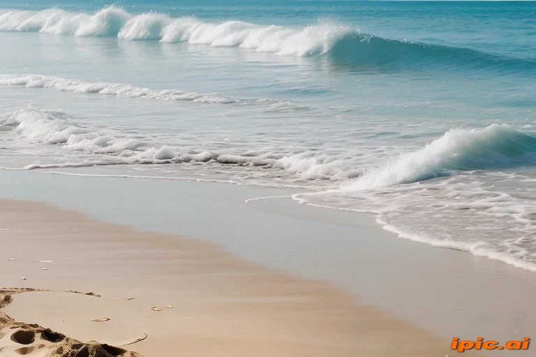 Serene Beach Scene with Gentle Waves Lapping Against Warm Sandy Shore