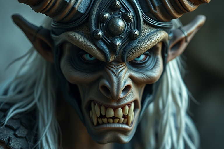 Regenerate an image of a horned figure with an angry expression, realistic mask details, and textured white hair, captured with a DSLR camera at f/2.8, ISO 400, 1/60s shutter speed, focused in close-up, with a shallow depth of field to blur the background.