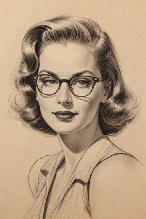 Wonderful Bobbie Brown, pencil sketch, portrait of Delightful woman 1930s in glasses, hair style beatnik, outline, clear lines, fine lines, 8k