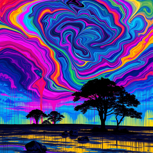 Generate a vibrant and colorful abstract landscape with swirling clouds and dripping paint effects, featuring black silhouetted trees, captured using a Canon EOS R5, 50mm lens, f/1.8 aperture, ISO 100, at a 1/125 sec shutter speed, in a vivid, saturated style.