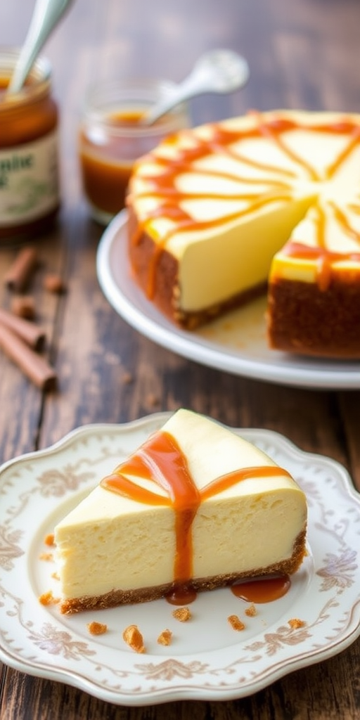 A slice of creamy cheesecake with a caramel drizzle on top served on a decorative white plate with crushed toffee bits sprinkled on it, accompanied by a jar of caramel sauce in the background, all set against a rustic wooden table.