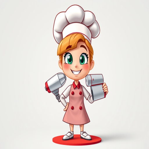 Create a cartoon character of a female chef with a playful expression, wearing a chef's hat and holding a mixer, standing on a red circular base, captured in high-definition with a DSLR camera, aperture f/2.8, ISO 100, 24mm lens, front view, bright lighting for enhanced colors and details.