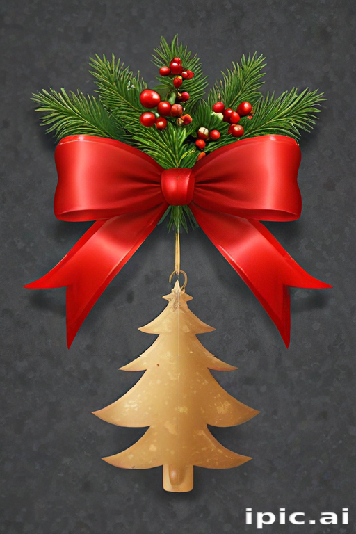 Festive Holiday Decoration Featuring a Red Bow and Golden Christmas Tree