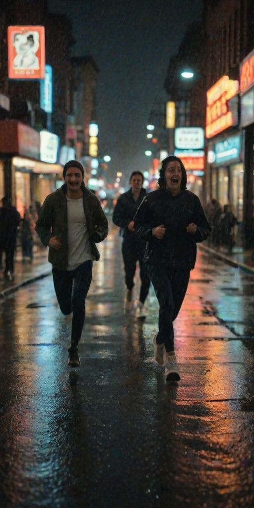 Blurry photo of a group of friends running down a city street at night, streetlights casting warm glows on their faces, laughter frozen in the moment, a soft rain falling, reflections of neon signs in the wet pavement, a distant sound of a honking car, soft shadows of buildings looming above.