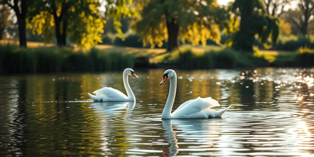 Create an image of elegant swans swimming gracefully on a tranquil lake surrounded by lush greenery and soft sunlight filtering through the trees, captured with a Canon EOS R5 at f/2.8, ISO 100, 50mm lens, using a soft focus style for a dreamy atmosphere.