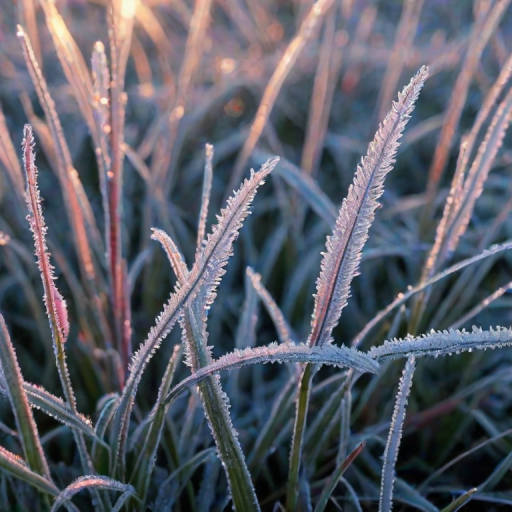 High-resolution, close-up of frost-covered grass blades in the early morning, tiny crystals catching the first light of dawn, with soft shades of blue and pink reflecting off the ice.