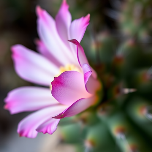 Close-up shot of a vibrant cactus flower with pink and white petals, sharp thorns, soft background blur, shot with a DSLR camera, aperture f/2.8, ISO 100, 85mm lens, natural lighting for enhanced colors and detail.