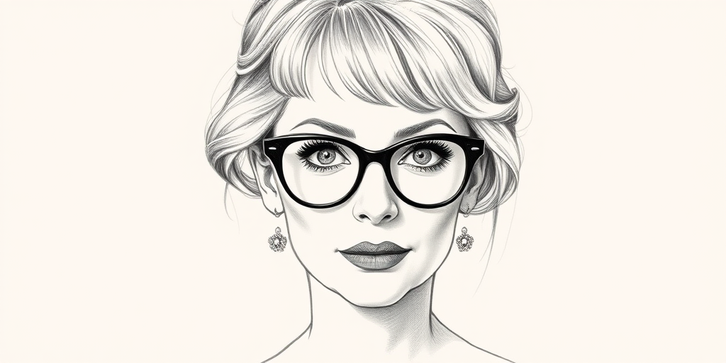 Beautiful Helen Mirren, pencil sketch, portrait of beautiful woman 60s in glasses, hair style beatnik, outline, clear lines, fine lines, 8k
