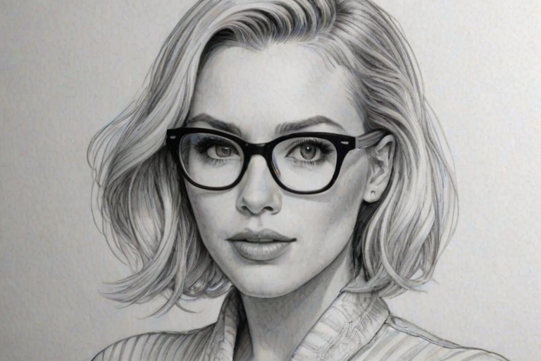Appealing Natasha Bedingfield, pencil sketch, portrait of Sublime woman 1955s in glasses, hair style beatnik, outline, clear lines, fine lines, 8k