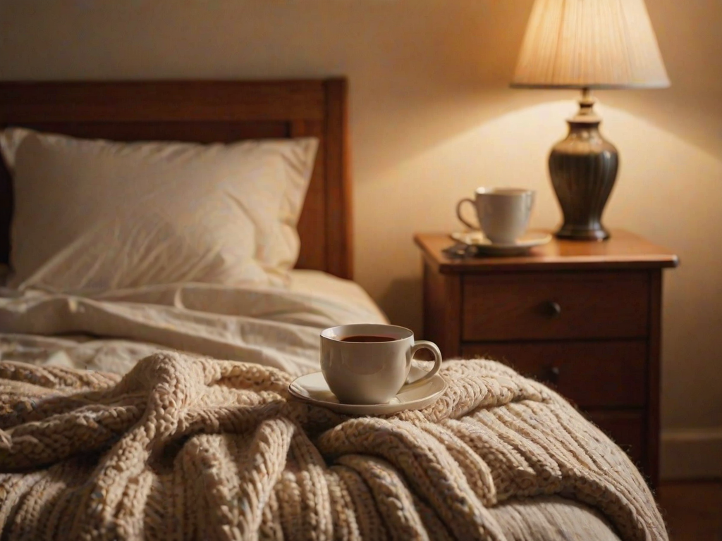 Warmly lit photo of a cozy bedroom scene, with a soft knitted blanket draped over a bed, soft light from a nearby lamp casting warm shadows, and a steaming cup of tea resting on a bedside table.