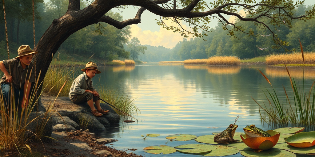 Imagine a small group of old fashioned young boys out fishing by the creek, a swing hanging from a tree branch, reeds and grasses by the water's edge, a frog sitting on a lily pad, dragonflies hovering over som water plans, a very iconic old fashioned scene reminiscent of a Norman Rockwell painting style