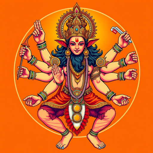Regenerate a vibrant illustration of a multi-armed deity with an orange background, showcasing intricate details and dynamic poses, captured with a DSLR camera at f/2.8, ISO 100, 1/250s, using a wide-angle lens and a high-contrast style for enhanced colors and clarity.