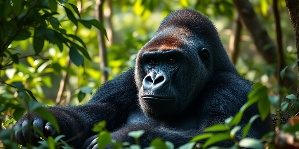 Create a highly detailed portrait of a large, majestic creature resembling a gorilla, resting in a dense, lush forest environment, with soft, dappled sunlight filtering through the trees, using a Canon EOS R5 with an 85mm lens at f/1.4, ISO 100, and a shutter speed of 1/200 seconds for enhanced image clarity and depth of field.