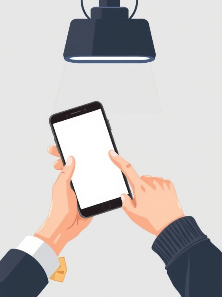 Create an illustration of a hand holding a smartphone with a blank screen, accompanied by another hand pointing at the smartphone, captured with a 50mm lens at f/2.8, ISO 100, 1/100s shutter speed, overhead lighting from a softbox, in a clean and minimalist style.