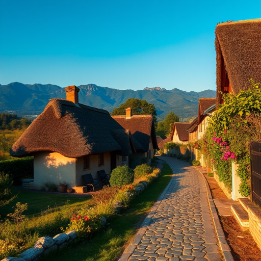 A picturesque village scene with charming thatched-roof cottages along a cobblestone path, surrounded by lush greenery and distant mountains under a clear blue sky, photographed with a Canon EOS R5 at f/8, ISO 100, 24mm lens, golden hour lighting to enhance warmth and detail.