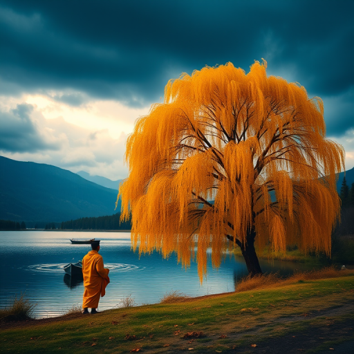 generate a serene landscape with a lone figure in a yellow robe standing by a tranquil lake under a dramatic sky, a large golden tree in the foreground, soft rain falling, composition featuring a boat on still water, utilize a DSLR camera, f/1.8 aperture, 50mm lens, ISO 100, shutter speed 1/200s, golden hour lighting for enhanced color contrast and depth.