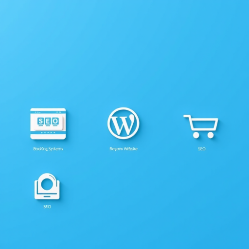 Design a modern, flat icon set on a clean blue background featuring six icons representing Booking Systems, Responsive Website, SEO, WordPress Website, eCommerce Platform, and Graphic Design & Print, using a Canon EOS R with a 50mm lens at f/1.8, ISO 100, soft lighting to enhance clarity and detail.