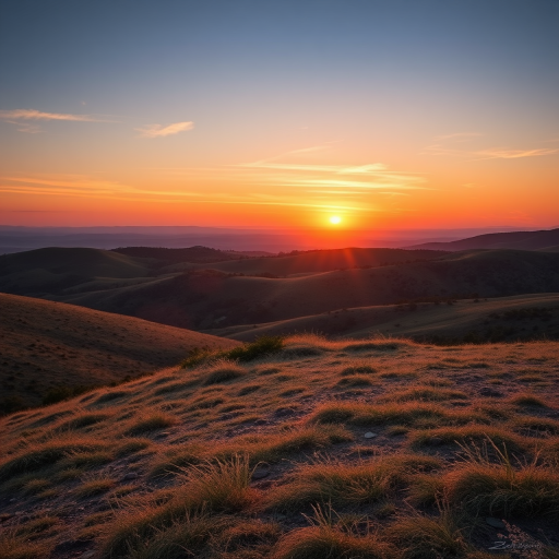 Create a high-resolution image of a serene landscape featuring rolling hills and a sunset, captured with a Canon EOS 5D Mark IV, aperture f/8, shutter speed 1/125s, ISO 100, in landscape mode with a wide-angle lens.