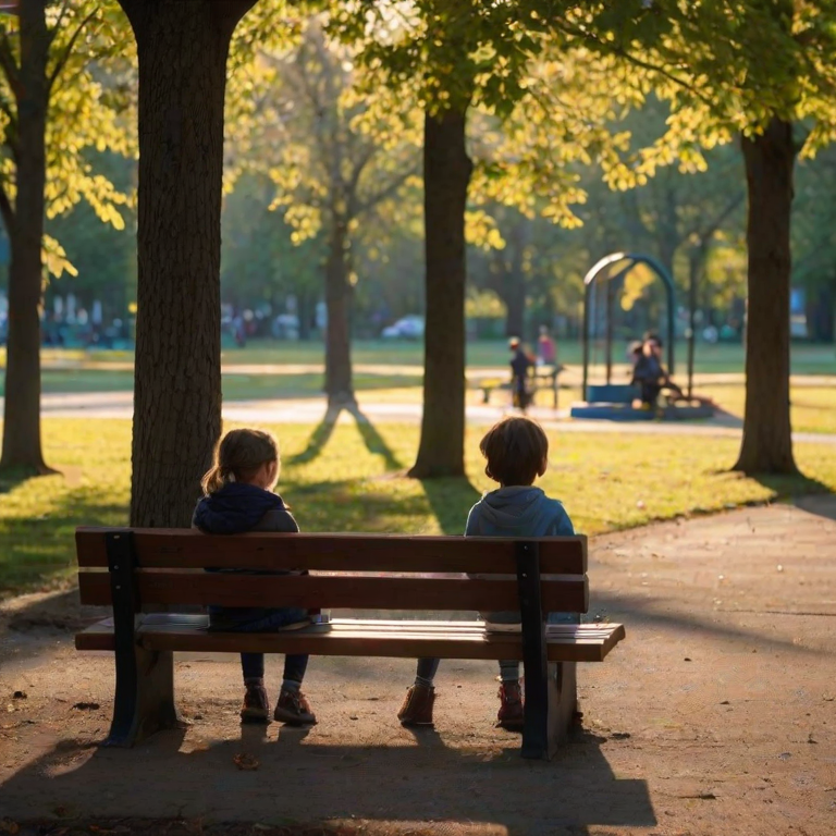 Woman sitting on a park bench at dusk, watching children play on a nearby playground, as the last rays of sunlight filter through the trees.