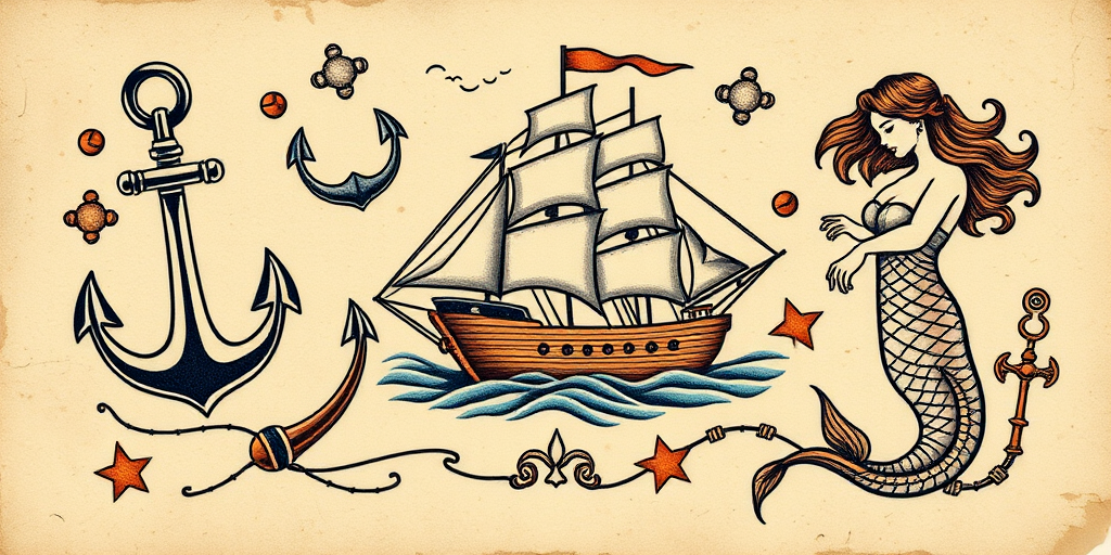 Vintage-inspired tattoo named "Nautical Nostalgia" featuring classic maritime elements like anchors, ships, and mermaids in a muted color palette with distressed effects for an authentic aged appearance