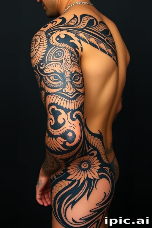 Fierce neo-polynesian tribal tattoo with bold black lines and intricate patterns, incorporating traditional symbols and modern elements, flowing from shoulder to hip in a powerful display