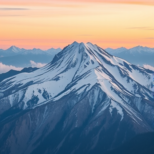 Capture a high-resolution image of a snow-capped mountain range during sunrise with soft pastel colors in the sky, using a Canon EOS R5, 70mm lens, f/8 aperture, ISO 100, 1/200 sec exposure, from a viewpoint that showcases the layering of the mountains and the snowy peak in detail.