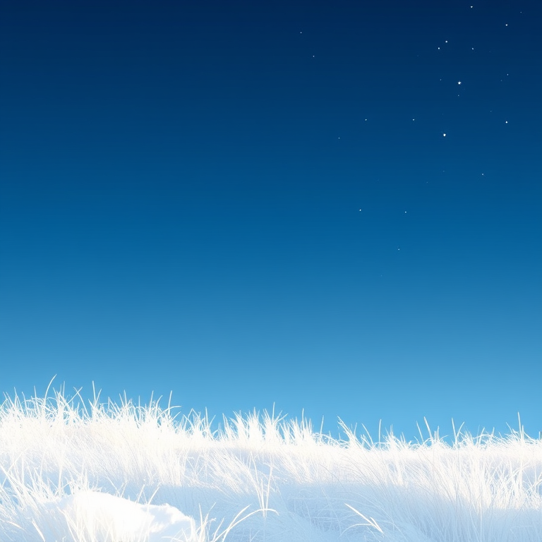Create a serene winter scene with a gradient sky transitioning from deep blue at the top to a lighter blue near the horizon. Include soft, white grass-like textures at the bottom, with sparkling stars scattered throughout the sky. The overall mood should be calm and peaceful, evoking a sense of tranquility and winter beauty.
