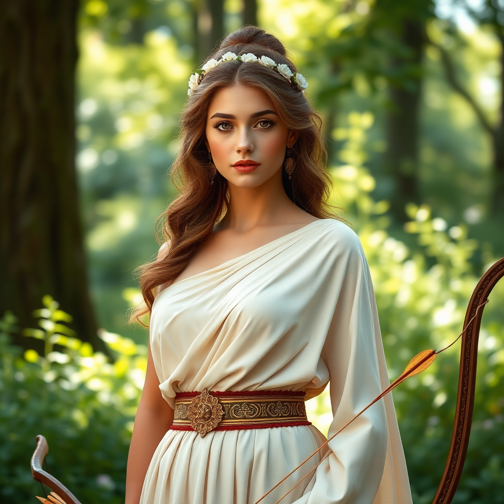 Create a portrait of a goddess-like Tajik girl figure in a tranquil, forested environment. She has an elegant appearance with long, wavy hair styled in an updo and adorned with a delicate, floral headband. She wears a flowing, ancient Greek-inspired gown in a soft, pale color, featuring a one-shoulder design and draped fabric that accentuates her graceful form. The outfit includes a decorative belt with ornate gold detailing, and she holds a bow in her hand, with a quiver of arrows slung over her shoulder. The background depicts lush greenery, with sunlight filtering through the trees, casting a gentle, ethereal light on the scene. Her expression is calm and contemplative, embodying a sense of wisdom and serenity.