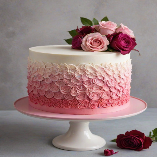 Create an image of a beautifully decorated cake with a gradient of pink hues. The cake should be covered in intricate floral designs made of frosting, transitioning from light pink at the top to a deep burgundy at the bottom. It should be displayed on a simple white cake stand against a neutral background.