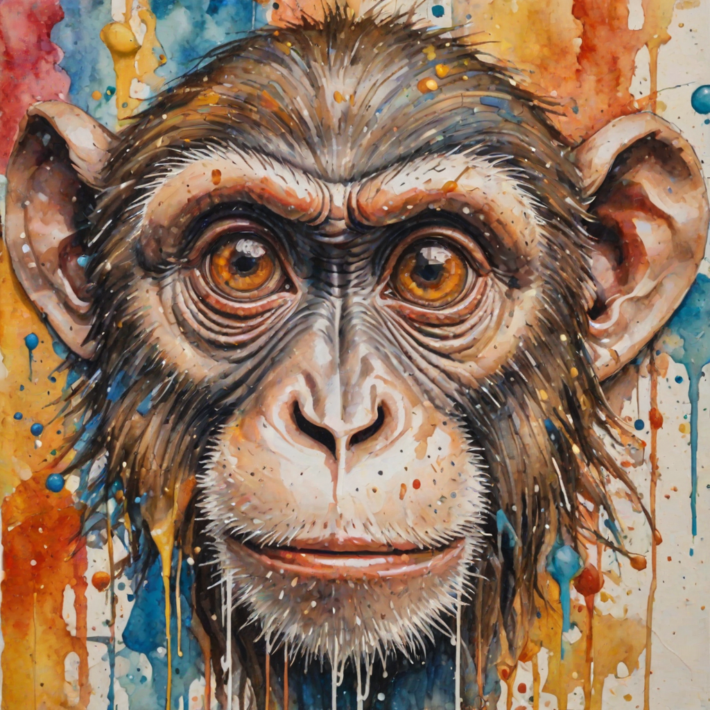 abstract watercolor painting with bold and deep brushstrokes. Thick impasto paint used. Dripping effect. Image breaking up into rectanguls shapes. Paint cracking. just a  smal;l pair of monkey's eyes starting to appear in the middle. The eyes are crying.  Coloured paint splattered around the edges. Geometric lines in background. swirly effect. peeling paint effect. raised rectangles. Dinghy Cream Look edge added in Topaz.