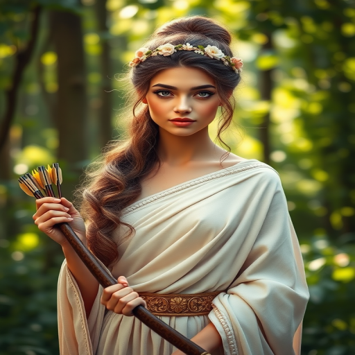Create a portrait of a goddess-like Tajik girl figure in a tranquil, forested environment. She has an elegant appearance with long, wavy hair styled in an updo and adorned with a delicate, floral headband. She wears a flowing, ancient Greek-inspired gown in a soft, pale color, featuring a one-shoulder design and draped fabric that accentuates her graceful form. The outfit includes a decorative belt with ornate gold detailing, and she holds a bow in her hand, with a quiver of arrows slung over her shoulder. The background depicts lush greenery, with sunlight filtering through the trees, casting a gentle, ethereal light on the scene. Her expression is calm and contemplative, embodying a sense of wisdom and serenity.